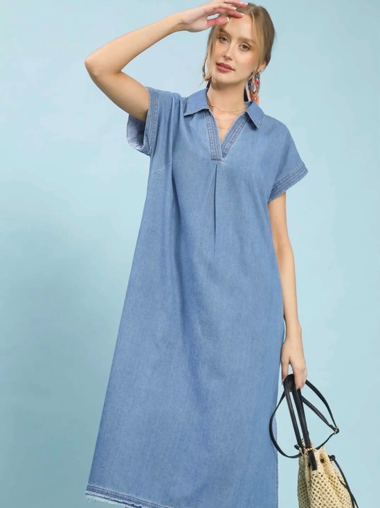 Umgee Dresses & Skirts - Umgee Stone Washed Collared Denim Midi Dress